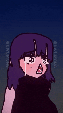 a cartoon drawing of a girl with purple hair and a black dress