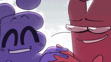 a purple and red cartoon character are holding hands and smiling