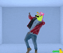 a man in a red jacket has a monster head on his head and the word creepz on the bottom