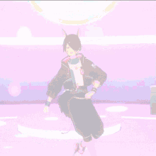a 3d anime character is dancing on a pink floor .