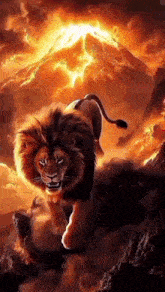 a lion is walking in front of a volcano in the background .