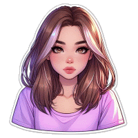 a girl with brown hair and white streaks is wearing a purple shirt and a sticker .