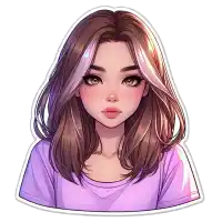 a girl with brown hair and white streaks is wearing a purple shirt and a sticker .