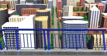 a computer generated image of a city with lots of buildings and a blue railing