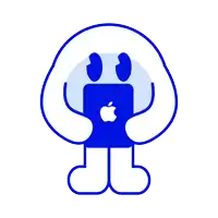 a cartoon drawing of a person holding an apple computer