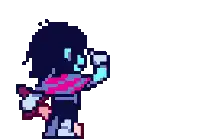 a pixel art of a person holding a sword with a blue wave coming out of it .