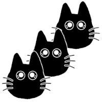 three black cats with white eyes are lined up in a row .