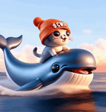 a cat is riding on the back of a whale wearing an orange hat that says $ cwif