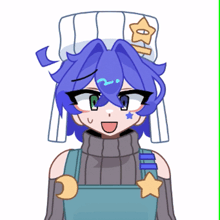 a drawing of a girl with blue hair and a hat that says ' bb ' on it