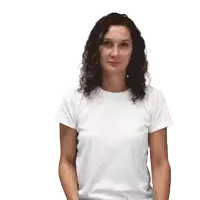 a woman wearing a white t-shirt is pointing at something