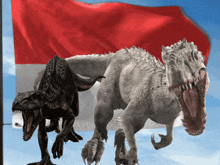 two dinosaurs in front of a red white and blue flag