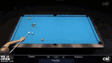 a pool table with a person holding a cue on it
