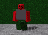 a red and green robot with a smiley face on his face