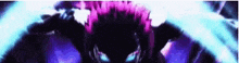 a person with pink hair is standing in a dark room with purple lights coming out of their eyes .