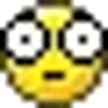 a pixel art of a yellow smiley face with big eyes and a sad look on its face .