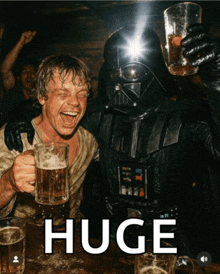 darth vader and luke skywalker drinking beer with huge written on the bottom