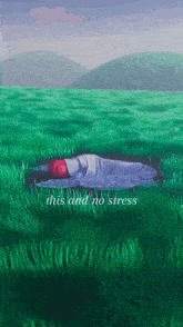 a painting of a person sleeping in a field with the words " this and no stress " above them