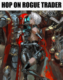 a poster that says hop on rogue trader with a picture of two people