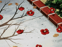 a painting of a tree with red flowers and leaves