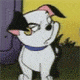 a cartoon dog wearing glasses and a blue collar is sitting in front of a door .