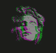 a pixelated image of a person 's face with red and blue lines on a black background
