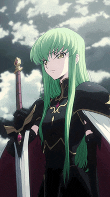 a girl with long green hair holds a sword