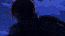 a cartoon bug is flying through the air with a blue background