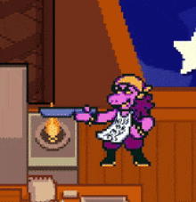 a pixel art illustration of a cartoon character holding a gun in a room .