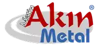 a logo for akm metal is shown in red and blue on a white background