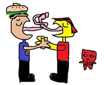 a cartoon of a man eating a hamburger and another man eating a french fries