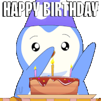 a blue penguin wearing a purple birthday hat is blowing out candles on a cake
