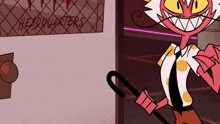 a cartoon character is standing in front of a door that says headquarters