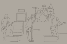 a drawing of a band with a woman singing and a man playing a guitar