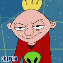 a cartoon character with a crown on his head is wearing a red shirt with an alien on it