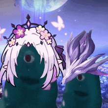 a cartoon drawing of a girl with white hair and flowers in her hair
