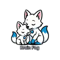 a sticker of two foxes with the words brain fog written below them