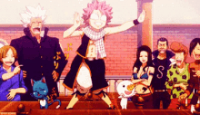 a group of people are standing around a table with a fairy tail character dancing .