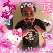 a picture of a man with a hello kitty and the words slut on it