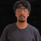 a man with glasses and a beard is looking down