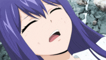 a girl with purple hair has her eyes closed and her mouth open