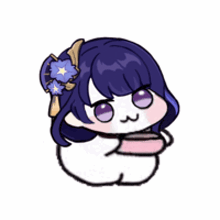a cartoon character with purple hair and flowers in her hair is holding a cup of coffee .