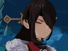 a close up of a cartoon character 's face with the letter g on her chest