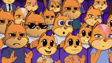 a group of cartoon cats sitting in purple chairs