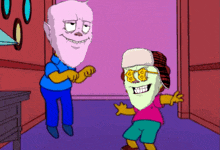 a cartoon of a man with a beard and a boy with a mask on his face