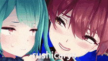 a couple of anime girls are standing next to each other and the word rushicarys is on the bottom