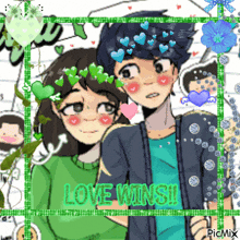 a drawing of a boy and a girl with the words love wins written on the bottom
