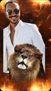 a man in a white suit and sunglasses stands next to a lion on a fire background