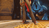 a video game character is standing in front of a robot and holding a gun
