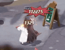 a cartoon character is standing in front of a sign that says 1329 and 112375 .
