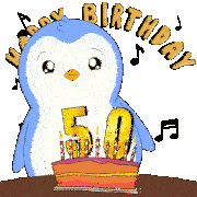 a penguin celebrates his 50th birthday by blowing out candles on a cake